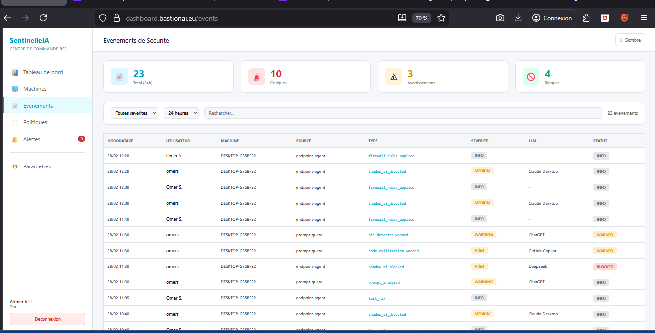 Evenements de securite SentinelleIA — Detection Shadow AI