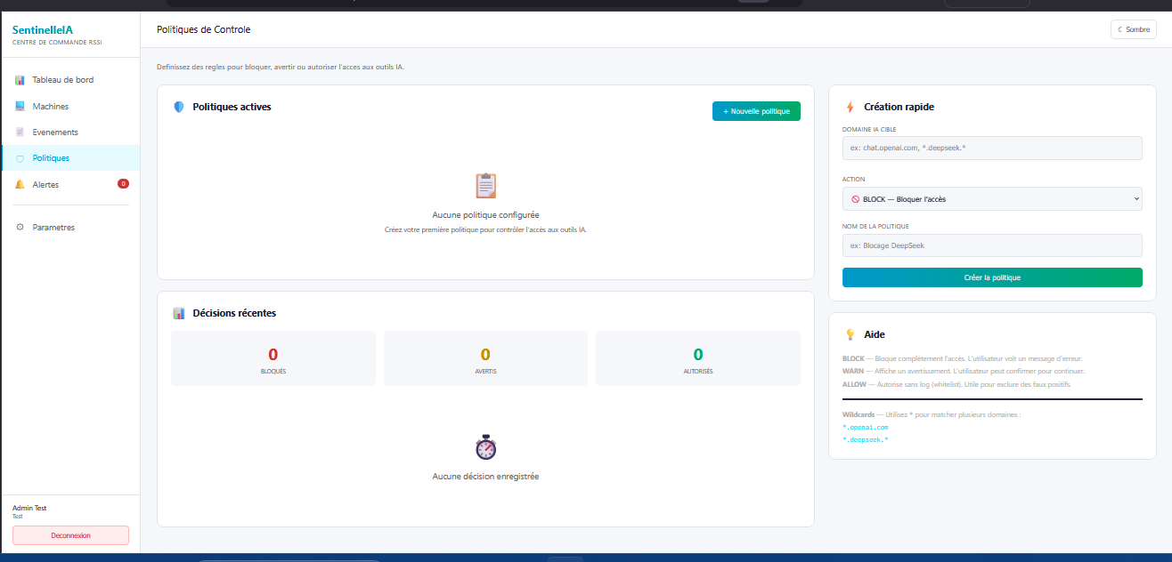 Politiques de controle SentinelleIA — BLOCK WARN par domaine